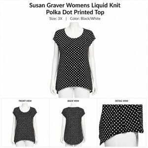 Susan Graver Womens 3X Liquid Knit Polka Dot Scoop Neck Hi-Low Top Black A253257